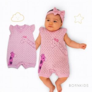 Macacão Curto Malha Premium no Poá Rosa 100% Algodão